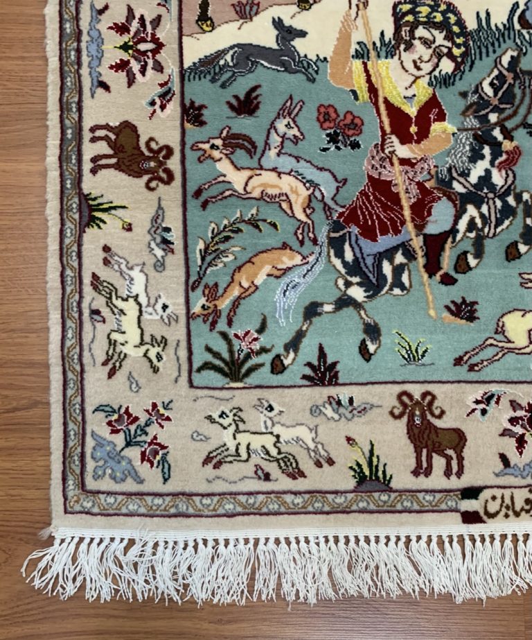 Extra fine Isfahan silk and wool hunting scene rug - Image 9