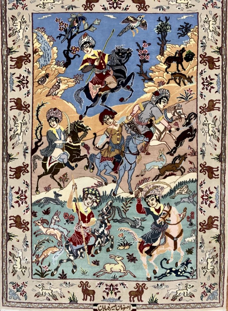 Extra fine Isfahan silk and wool hunting scene rug - Image 5