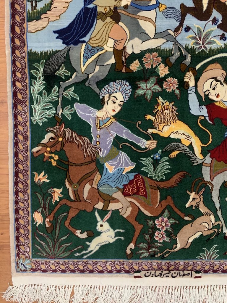 Extra fine Isfahan silk and wool hunting scene rug - Image 9