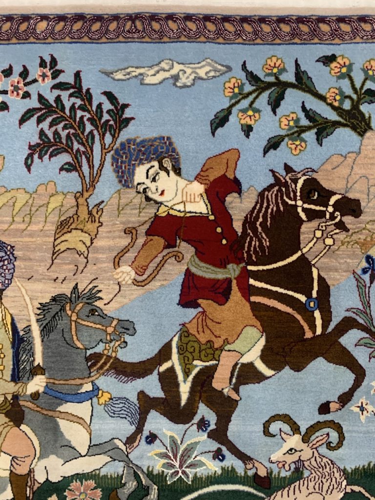 Extra fine Isfahan silk and wool hunting scene rug - Image 4