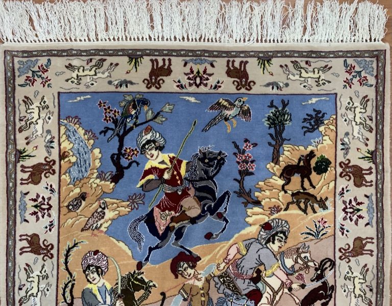 Extra fine Isfahan silk and wool hunting scene rug - Image 7