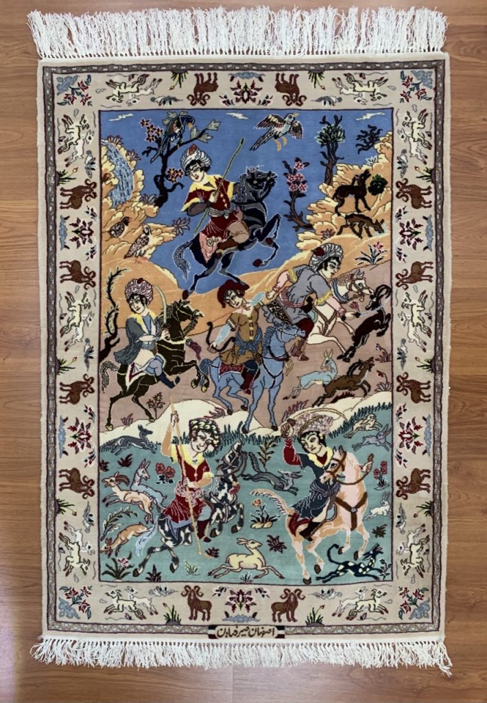 Extra fine Isfahan silk and wool hunting scene rug - Image 12