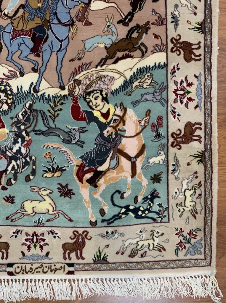 Extra fine Isfahan silk and wool hunting scene rug - Image 6