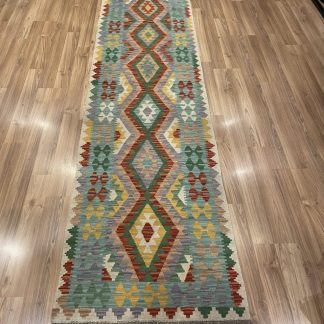 Bohemian handwoven wool Runner size 287 cm. X 77 cm. Kilim Rug