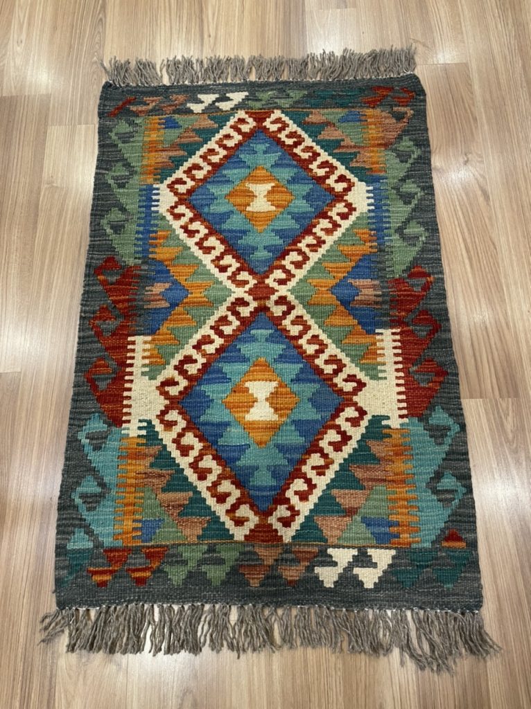 Tribal Bohemian small wool kilim rug 89 cm. X 60 cm.