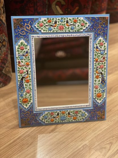 Isfahan Persian miniature hand painted birds and flowers mirror 32cm. X 28cm.