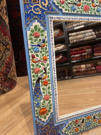 Isfahan Persian miniature hand painted birds and flowers mirror 32cm. X 28cm.