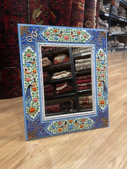Isfahan Persian miniature hand painted birds and flowers mirror 32cm. X 28cm.