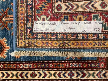 Persian Blue Kazak runner - Persian rug sale - Adelaide Central Market - Persian Art Treasure - Premium Quality Persian Kazak wool blue runner size 280 cm. X 91 cm.