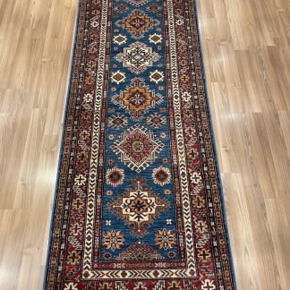 Persian Blue Kazak runner - Persian rug sale - Adelaide Central Market - Persian Art Treasure - Premium Quality Persian Kazak wool blue runner size 280 cm. X 91 cm.