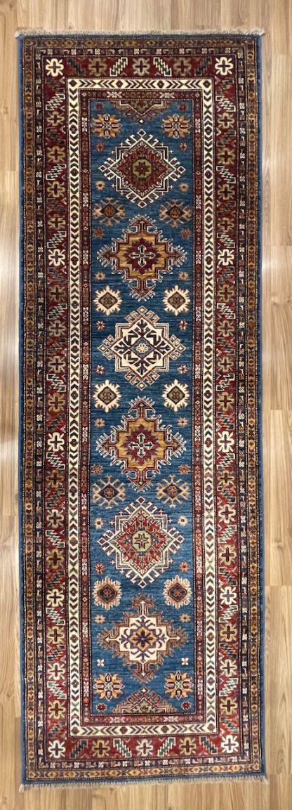 Persian Blue Kazak runner - Persian rug sale - Adelaide Central Market - Persian Art Treasure - Premium Quality Persian Kazak wool blue runner size 280 cm. X 91 cm.