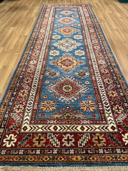 Persian Blue Kazak runner - Persian rug sale - Adelaide Central Market - Persian Art Treasure - Premium Quality Persian Kazak wool blue runner size 280 cm. X 91 cm.