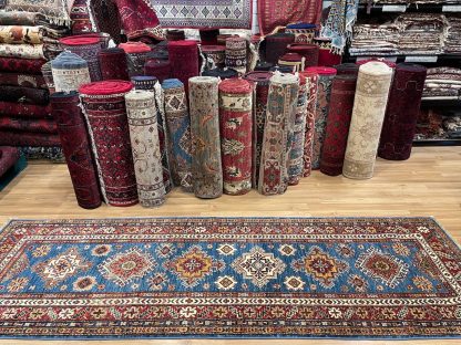 Persian Blue Kazak runner - Persian rug sale - Adelaide Central Market - Persian Art Treasure - Premium Quality Persian Kazak wool blue runner size 280 cm. X 91 cm.