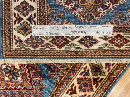 Persian rug sale - Adelaide Central Market - Persian Art treasure - Premium Quality Persian Kazak wool blue runner size 255 cm. X 80 cm.