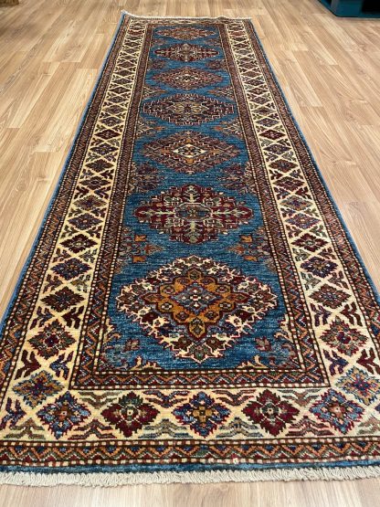 Persian rug sale - Adelaide Central Market - Persian Art treasure - Premium Quality Persian Kazak wool blue runner size 255 cm. X 80 cm.